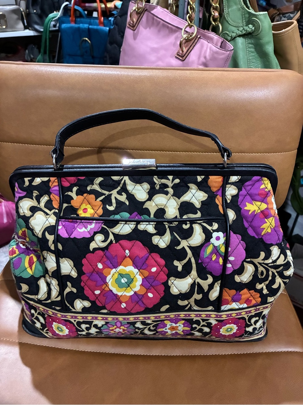 Vera Bradley Quilted Floral Frame Satchel Handbag - Black with Multicolor Floral